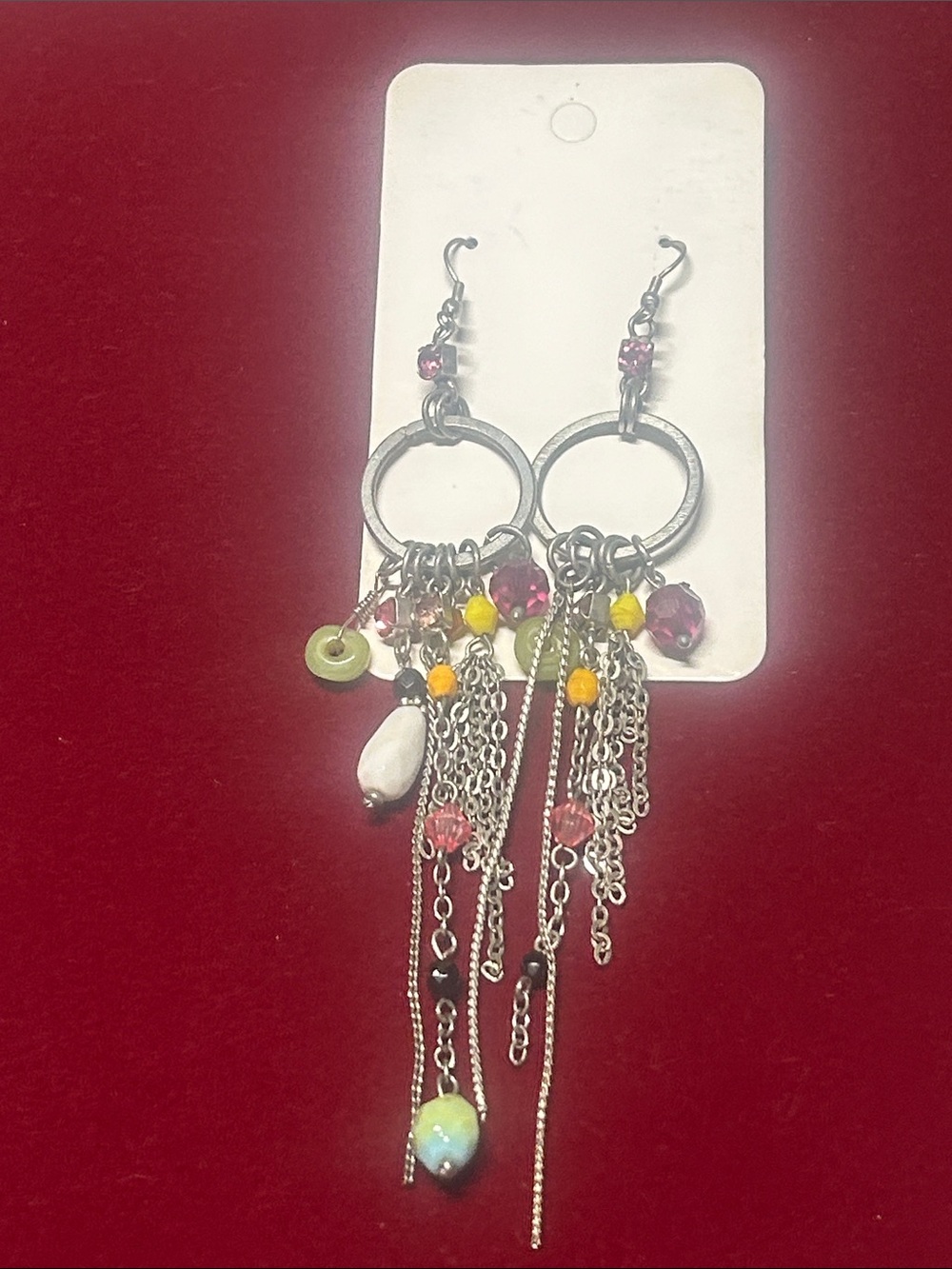 Colorful Bead & Chain Dangle Earrings - Pink, Yellow & Green